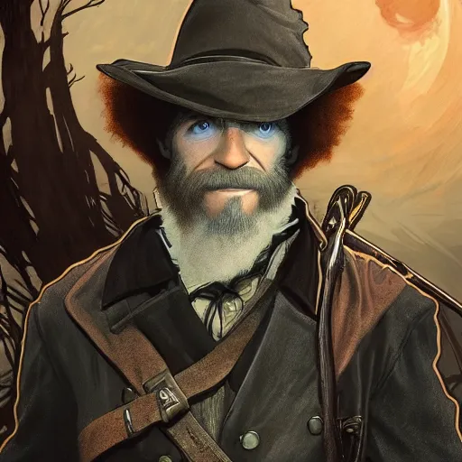 Image similar to an ultra detailed vector image of bob ross dressed as the hunter from bloodborne, concept art by alphonse mucha and greg rutkowski, praise the blood moon, octane render, cosmic horror, scary little trees