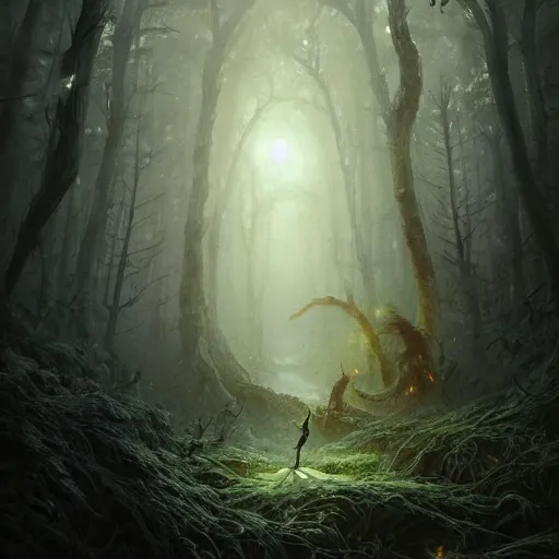 Image similar to highly detailed creepy forest humanoide creature, stephen bliss, unreal engine, fantasy art by greg rutkowski, loish, rhads, ferdinand knab, makoto shinkai and lois van baarle, ilya kuvshinov, rossdraws, tom bagshaw, global illumination, radiant light, detailed and intricate environment