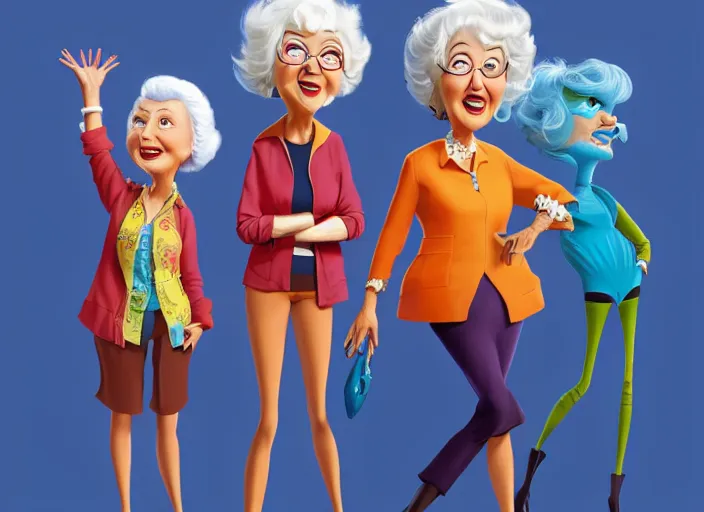 Image similar to pixar cartoon character of bea arthur being happy with her friends from the golden girls. style by petros afshar, christopher balaskas, goro fujita, and rolf armstrong.