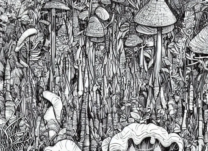 Prompt: surreal line art by ivan ayvazosky and ricardo bofill!!, a lot of jungle flowers and plants + poison toxic mushrooms surrounded by cables + long grass + broken droid + garden dwarf + mystic fog, 5 0's vintage sci - fi style, rule of third!!!!, line art, 8 k, super detailed, top view