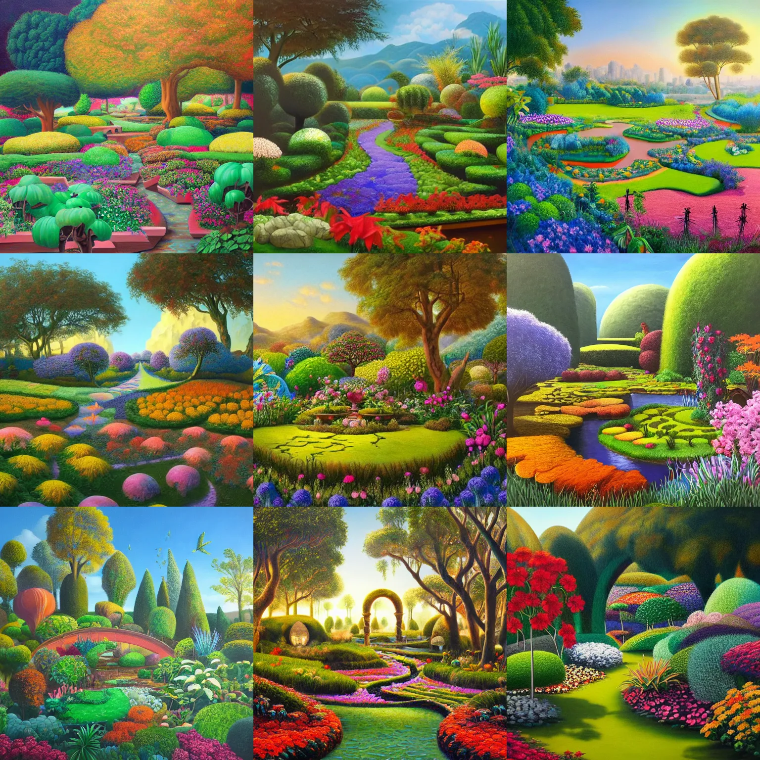 Prompt: a gorgeous, fantastic, magic garden landscape by michael kidd, trending on artstation, oil on canvas