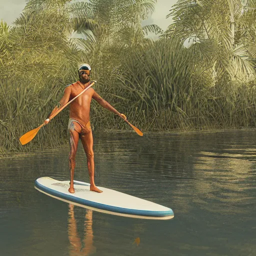 Prompt: mr worf paddleboarding in swamp by highway man painting, photorealistic, high resolution, vray, hdr, hyper detailed, insane details, intricate, elite, ornate, elegant, luxury, dramatic lighting, octane render, weta digital, micro details, 3 d sculpture