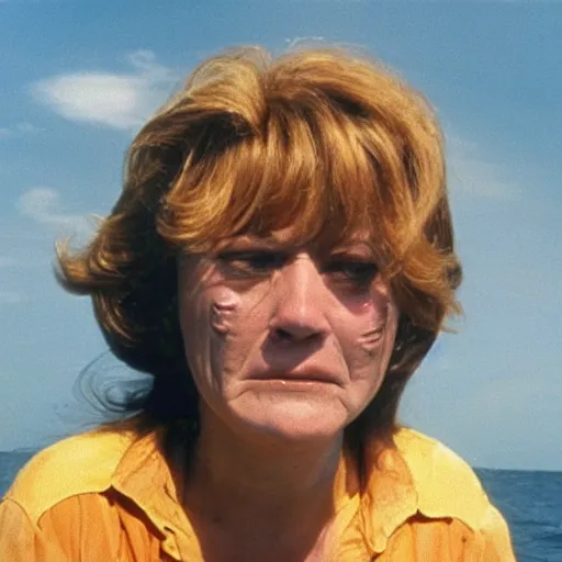 Prompt: 1976 middle aged woman wearing a transluscent inflatable toy head in a small fishing village 1976 French film archival footage technicolor film expired film 16mm Fellini new wave John Waters movie still