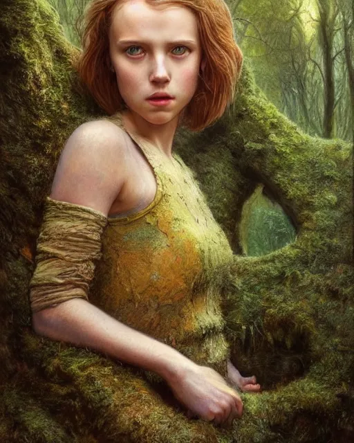 Image similar to a well - lit, realistic close - up portrait painting of a thoughtful girl resembling a young, shy, redheaded irish alicia vikander or millie bobby brown in moss - covered ancient stone ruins at sunset, highly detailed, intricate, concept art, artstation, by donato giancola, ron cobb, and artgerm