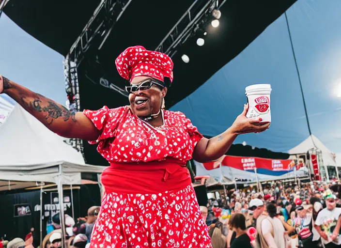 Image similar to photo still of aunt jemima in period attire at vans warped tour!!!!!!!! at age 4 0 years old 4 0 years of age!!!!!!! on stage tossing pancakes into the crowd, 8 k, 8 5 mm f 1. 8, studio lighting, rim light, right side key light