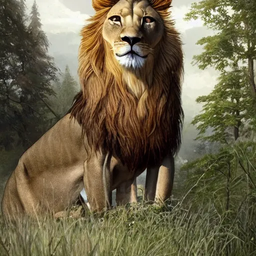 Image similar to clear portrait of a anorexic lion, hideous appearance, nature background, malnourished, cottagecore!!, background hyper detailed, character concept, full body, dynamic pose, intricate, elegant, highly detailed, digital painting, artstation, concept art, smooth, sharp focus, illustration, art by artgerm and greg rutkowski and alphonse mucha