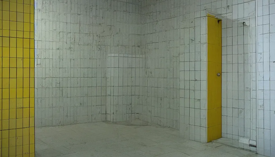 Image similar to 60s movie still of a sovietic stalinist style empty prison shower light yellow tiles, cinestill 800t 50mm eastmancolor, liminal Space style, heavy grain-s 150