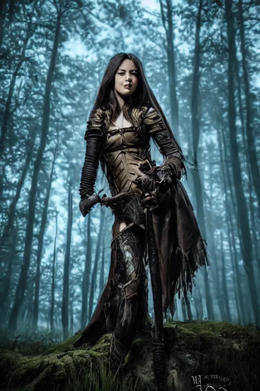 Image similar to dramatic dark forest scenery, girl with fangs in hide leather armor, D&D book-cover without text