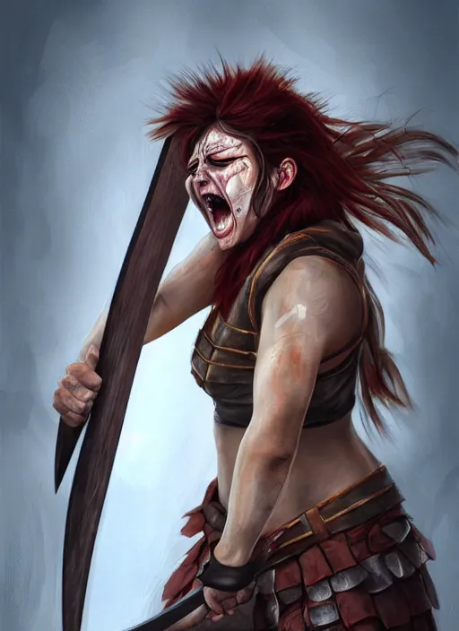 Image similar to woman warrior crying with angry striking her axe, trending on artstation