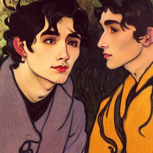 Image similar to painting of young cute handsome beautiful dark medium wavy hair man in his 2 0 s named shadow taehyung and cute handsome beautiful min - jun together at the halloween party, bubbling cauldron, candles, smoke, tarot, autumn colors, elegant, stylized, soft facial features, delicate facial features, art by alphonse mucha, vincent van gogh, egon schiele