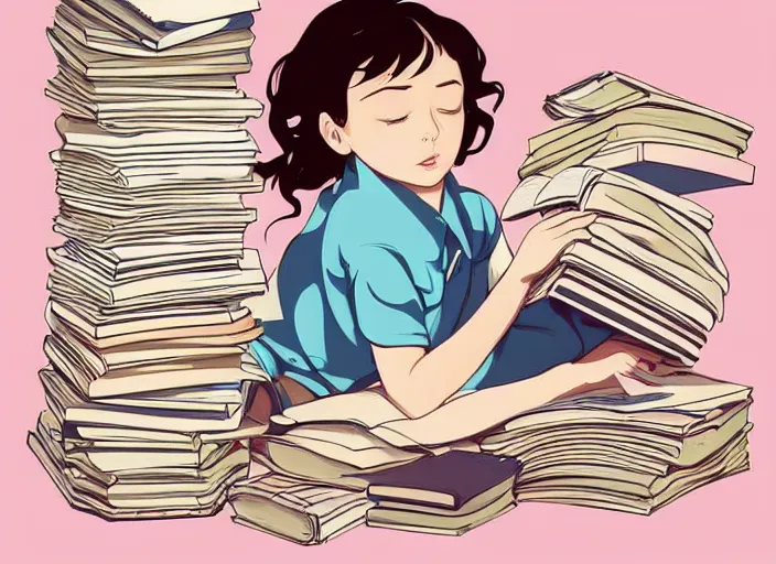 Image similar to a little girl with short wavy curly light brown hair is asleep in pile of books. clean cel shaded vector art. shutterstock. behance hd by lois van baarle, artgerm, helen huang, by makoto shinkai and ilya kuvshinov, rossdraws, illustration, art by ilya kuvshinov