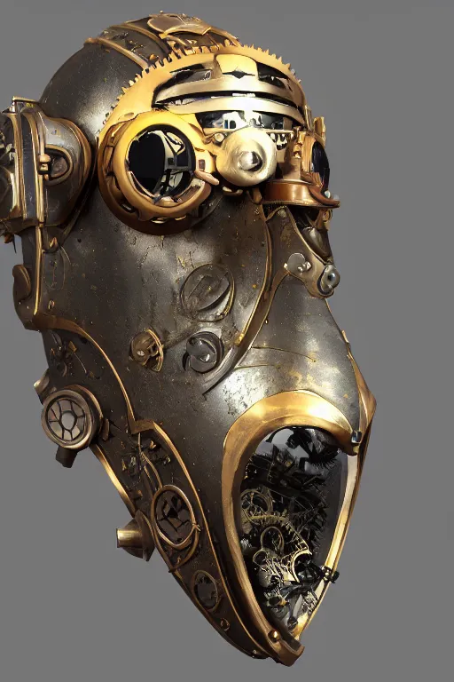 Image similar to steampunk mask minimalist fantasy art robot ninja helmet, global illumination ray tracing hdr fanart arstation by sung choi and eric pfeiffer and gabriel garza and casper konefal radiating a glowing aura