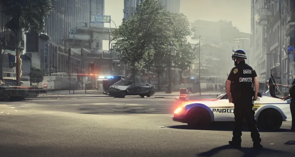 Image similar to octane render, unreal engine, man getting arrested by police, police car in background with bright police sirens, lens glare, dramatic lighting, cinematic, establishing shot, extremely high detail, photo - realistic, cinematic lighting