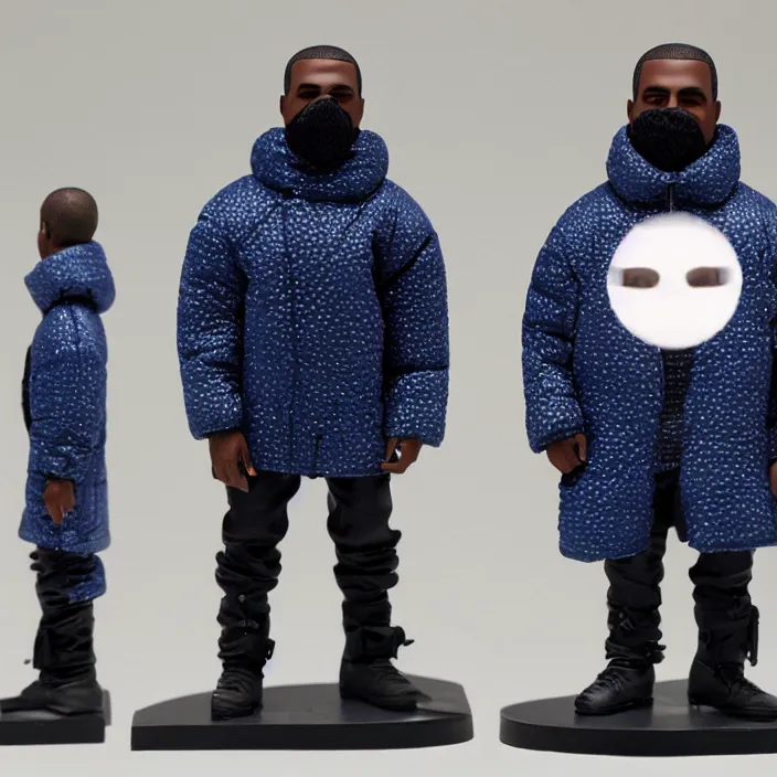 Prompt: a goodsmile figure of kanye west using full face - covering mask with small holes. a small, tight, undersized reflective bright blue round puffer jacket made of nylon. a black shirt underneath. dark jeans pants. a pair of big black rubber boots, figurine, detailed product photo