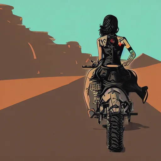 Image similar to a colorfully detailed comic noir illustration of a hot tattooed women riding a motorcycle through a post-apocalyptic desert by Queens of the Stone Age and sachin teng, dark vibes, street art, cinematic, high contrast, depth of field