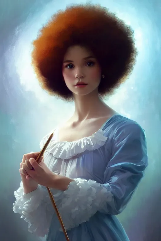 Image similar to bob ross android, dreamy and ethereal, ( colour ) eyes, peaceful expression, ornate frilly dress, fantasy, intricate, elegant, rainbow bubbles, highly detailed, digital painting, artstation, concept art, smooth, sharp focus, illustration, art by artgerm and greg rutkowski and alphonse mucha