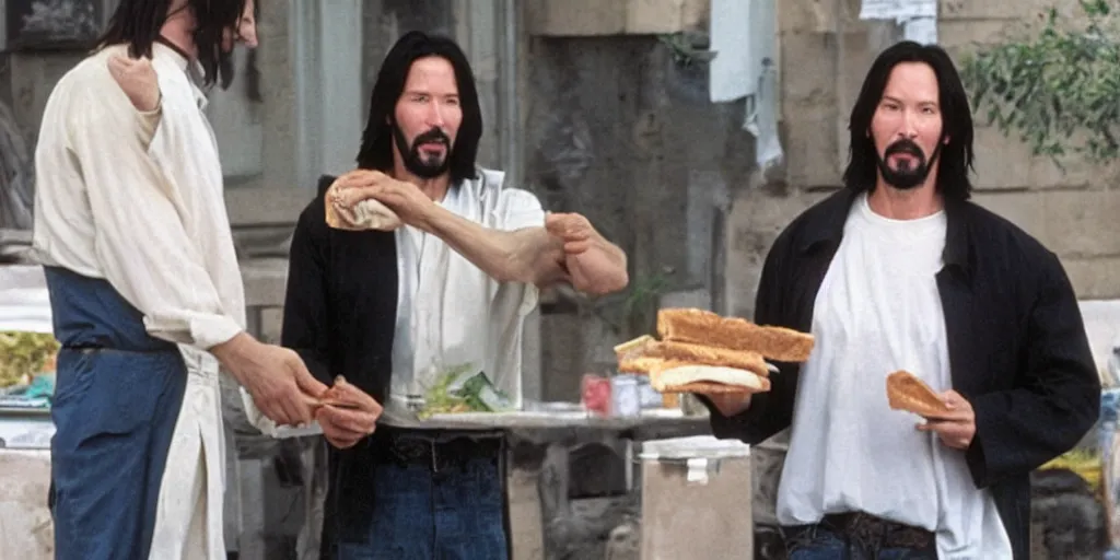 Image similar to hungry-looking Keanu Reeves handing half a sandwich to Jesus