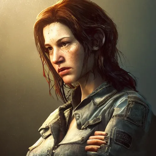 Image similar to fallout 5, charismatic beautiful rugged brunette female protagonist, portrait, indoor setting, atmospheric lighting, rim light, painted, intricate, volumetric lighting, beautiful, daytime, sunny weather, slight overcast, sharp focus, deep colours, ultra detailed, by leesha hannigan, ross tran, thierry doizon, kai carpenter, ignacio fernandez rios