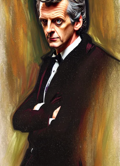 Prompt: oil portrait of the twelfth doctor from doctor who, intricate, elegant, highly detailed, lighting, painting, artstation, smooth, illustration, art by greg rutowski and alphonse mucha