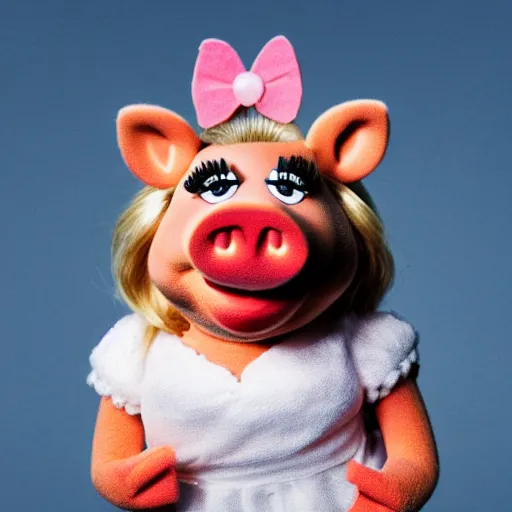 Image similar to a realistic top - down photograph of miss piggy standing next to a cloud, shot in professional studio