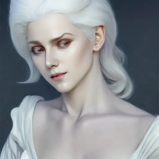 Image similar to white haired aristocrat, full body portrait, gentle, solemn face, cloth, female, city landscape, d & d, fantasy, intricate, elegant, digital painting, white grey color palette, artstation, octane render, concept art, matte, sharp focus, illustration, herrarthstone, art by artgerm and greg rutkowski and alphonse mucha