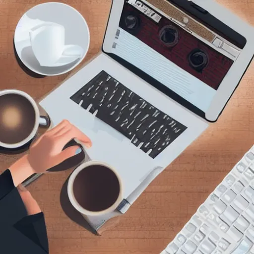 Prompt: photorealistic illustration of a person using a computer happily while drinking coffee