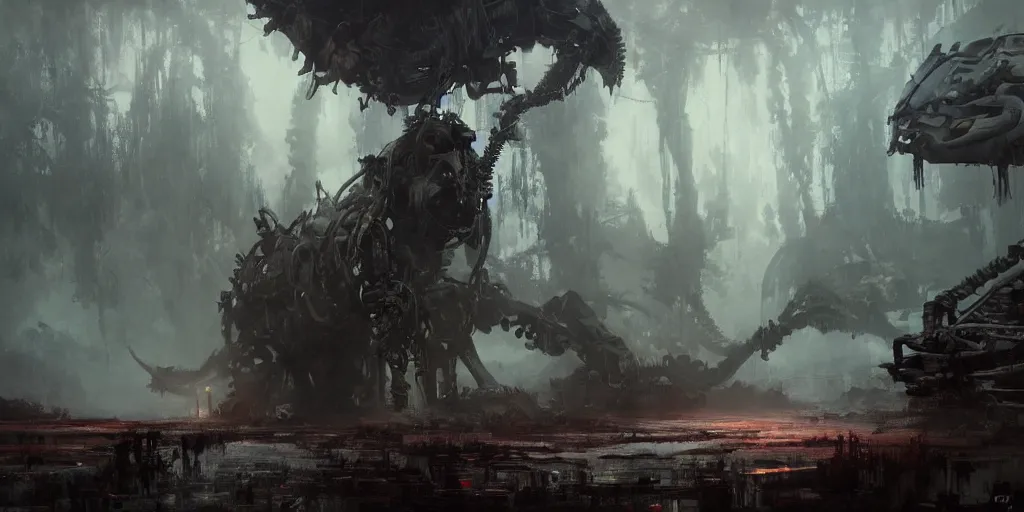 Image similar to beautiful painting by jeremy mann, a mechanical jaguar creature of horizon forbidden west horizon zero dawn, depressing concept art, fantasy, desaturated, ominous, unsettling, sharp focus, octopath traveler, unreal engine highly rendered, global illumination, dramatic lighting, misty, volumetric fog