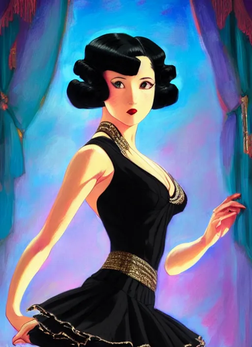 Image similar to a beautiful dancer with black hair in 1930's fashion, ballroom background, intricate, highly detailed, digital painting, artstation, official media, anime key visual, concept art, rich vivid colors, ambient lighting, sharp focus, illustration, art by Artgerm, Makoto Shinkai, Ilya Kuvshinov, Lois Van Baarle, and Rossdraws