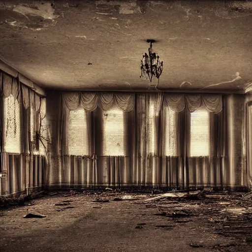 Prompt: old abandoned ballroom photograph color moody