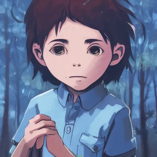 Image similar to a child with grey skin with blues and short brown hair, holding fire, forest background, highly detailed, digital painting, artstation, matte, by makoto shinkai, studio ghibli, animation style