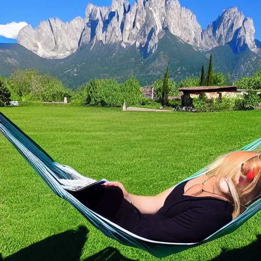 Image similar to my italian wise friend on a hammock, reading the book about love, face iluminated by new knowledge, mountains in a background