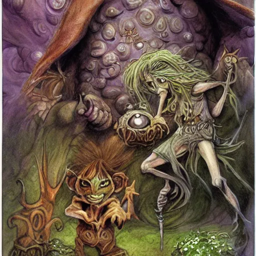 Prompt: fantasy illustrations and concept art for jim henson's labyrinth goblins by brian froud