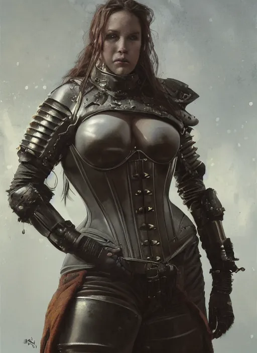 Prompt: portrait of medieval swedish woman wearing military power armor with steel overbust corset. intricate painting by ross tran, magali villeneuve, and jeremy mann. obese
