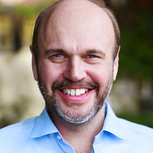 Image similar to color photograph of a balding, middle aged, brown haired, hairy, blue eyed, round faced, short white man dressed in a white shirt, smiling at the camera with perfect, straight white teeth