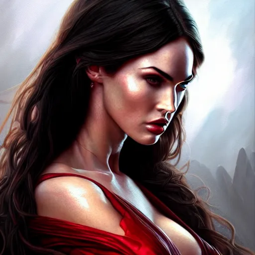 Prompt: portrait of megan fox, muscular upper body, greek, jewelry, red dress, fantasy, intricate, elegant, highly detailed, digital painting, artstation, concept art, matte, sharp focus, illustration, art by aenaluck and roberto ferri and greg rutkowski, epic fantasy, digital painting