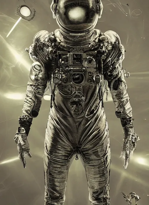 Image similar to astronaut in dark void underwater - complex and hyperdetailed technical suit design. reflection and dispersion materials. rays and dispersion of light. volumetric light. f / 3 2. noise film photo. flash photography. ultra realistic, 5 0 mm. poster by wayne barlowe, hajime sorayama aaron horkey, craig mullins