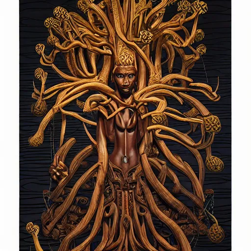 Prompt: african ancient elvish tribal mushroom god wooden totem, intricate artwork by Kehinde Wiley, Kara Walker James jean, Noah Bradley, very coherent stylized artwork, cinematic, hyper realism, high detail, Vibrant chromatic colors, High contrast, higly detailed black ink outline, no crop