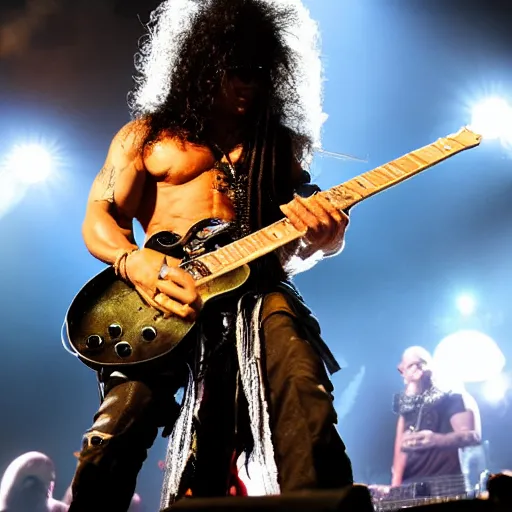 Image similar to Slash with Gollum face on rock concert