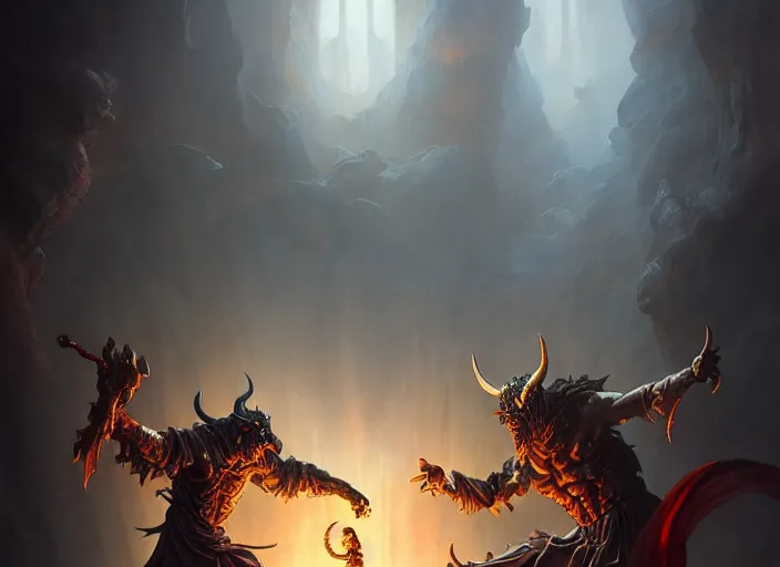 Prompt: god fighting the devil, dramatic light, dungeon background, high detail, fantasy background, painted todd lockwood, stanley lau, greg rutkowski, artgerm, digital art, trending on artstation