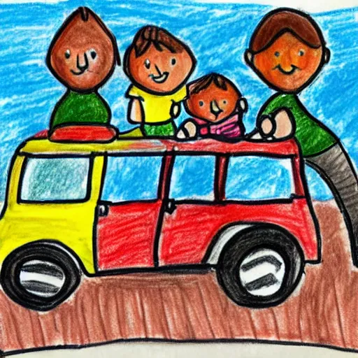 Image similar to a todler's drawing of a family and their suv