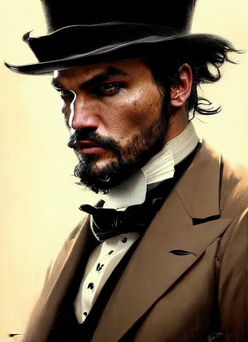 Image similar to portrait of jason mamoa wearing a top hat, victorian, concept art, detailed face, fantasy, close up face, highly detailed, cinematic lighting, digital art painting by greg rutkowski