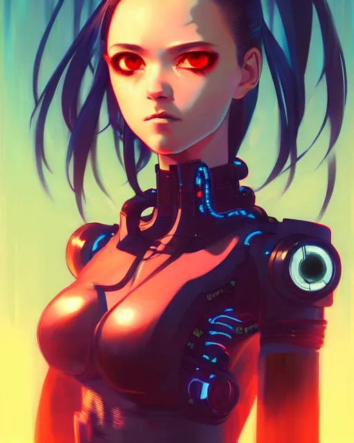 Image similar to a comic potrait of a cyberpunk cyborg girl with big and cute eyes, fine - face, realistic shaded perfect face, fine details. night setting. very anime style. realistic shaded lighting poster by ilya kuvshinov katsuhiro, magali villeneuve, artgerm, jeremy lipkin and michael garmash, rob rey and kentaro miura style, trending on art station