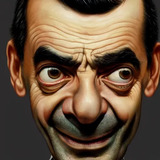 Prompt: hyper realistic, close up portrait of mr. bean by greg rutkowski, scott m fischer, artgerm, loish, slight glow, atmospheric