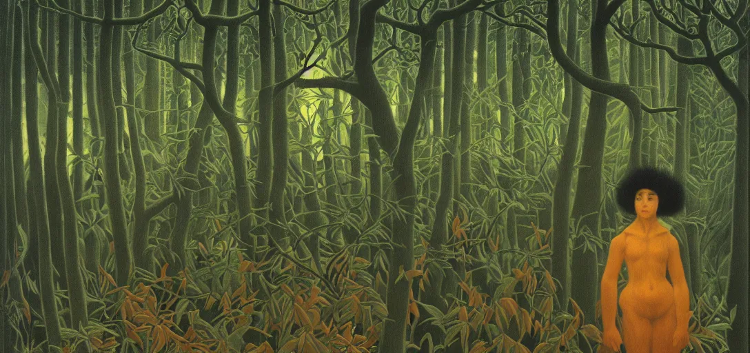 Image similar to portrait of a posed hyper detailed complex, plowhorn evangelion realistic mechanical and bioluminescent organic creature in a dark deep forest at dawn in spring, with reflection and textures, by henri rousseau