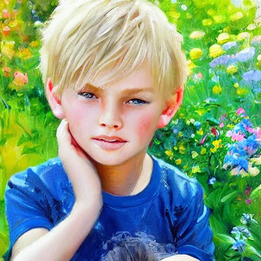 Prompt: a cute seven year old boy with tousled blonde hair and blue eyes in a lovely garden, beautiful painting by raymond swanland and magali villanueve, highly detailed face