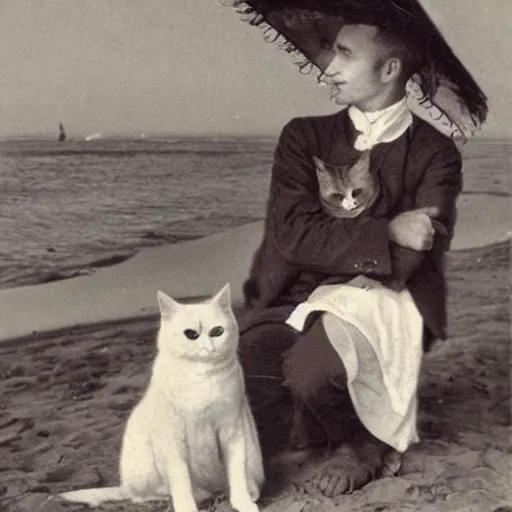 Image similar to a gay couple on the beach with a cat, vintage, 1 8 0 0 s