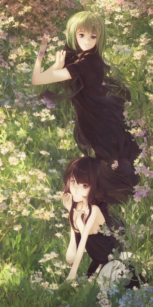 Image similar to a digital art of a loli with long hair in a dark colour dress in the privet garden at after noon, green and warm theme, back lighting, by krenz cushart and mucha and akihito yoshida and greg rutkowski and makoto shinkai, extremely long shot, detailed eyes, 4 k resolution, trending on art station