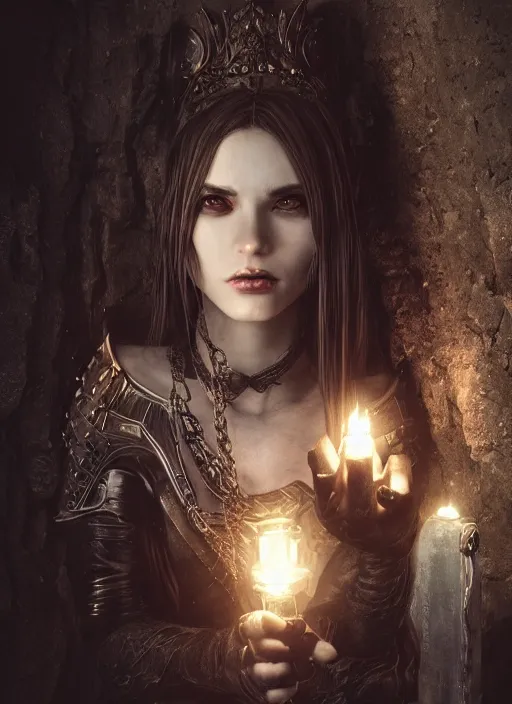 Image similar to Beautiful art portrait of a Fantasy vampire in a dark medieval castle dungeon, atmospheric lighting, intricate detail, cgsociety, hyperrealistic, octane render, RPG portrait, ambient light, dynamic lighting