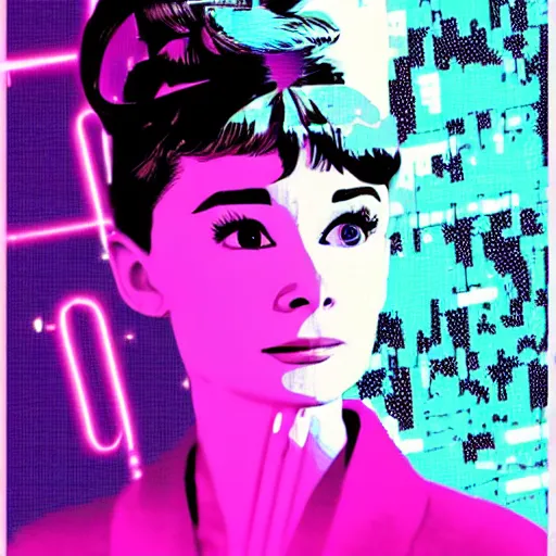 Prompt: audrey hepburn cyberpunked, synthwave poster, glitch art background,