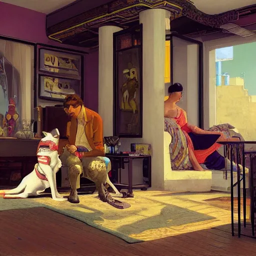 Image similar to (GTA V) Frenetic domesticity, with a parent and child and robot dog in the center, surrounded by futuristic items of convenience. The colors are muted-neon and calming, serine complacency. By Ellen Jewett, by Lawrence Alma-Tadema, realistic